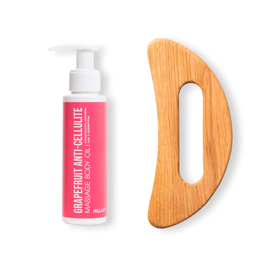 Ulei anticelulitic cu grepfrut Hillary Grapefruit Anti Cellulite, 100 ml și racletă din lemn pentru masaj Gua Sha